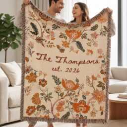 Personalized Family Name Woven Blanket, Custom Throw Blanket With Last Name, Boho Floral Anniversary Gift - thumbnail 3