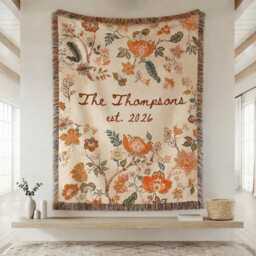 Personalized Family Name Woven Blanket, Custom Throw Blanket With Last Name, Boho Floral Anniversary Gift - thumbnail 1