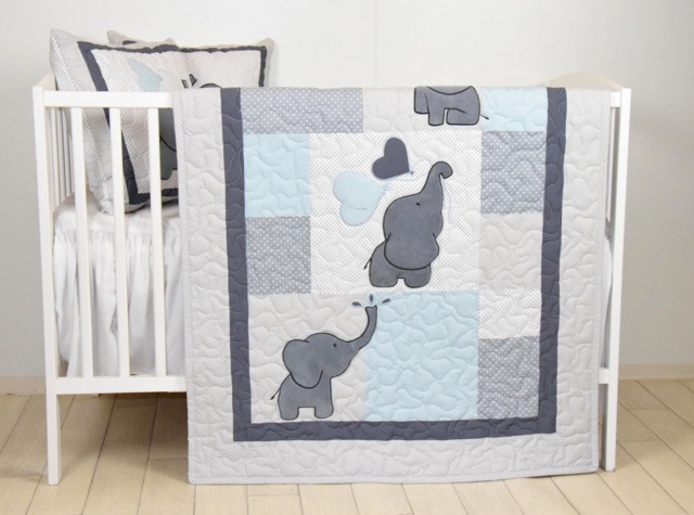 Blue Baby Quilt, Elephant Blanket, Gray Crib Bedding, Safari Nursery - image 1