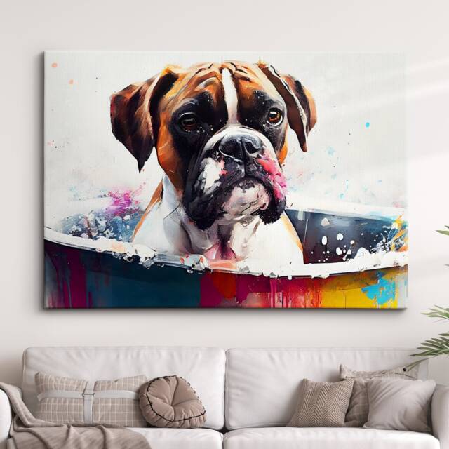 Boxer in Bathtub Abstract Dog Pet Animal Painting Splatter Wall Art, Framed Canvas Poster Print, Home Kitchen Office Room Decor, Gifts - image 1