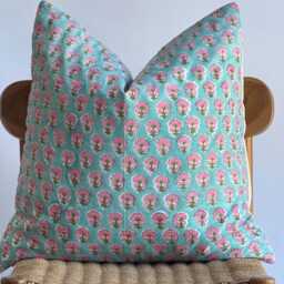 Block Print Pillow Cover Floral Batik, Boho Farmhouse Decor - thumbnail 2