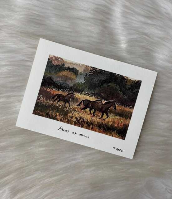 Horses At Dawn Small Print Atmospheric Sunset Painting Of Horses Galloping - image 1