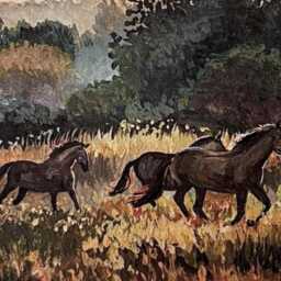 Horses At Dawn Small Print Atmospheric Sunset Painting Of Horses Galloping - thumbnail 2