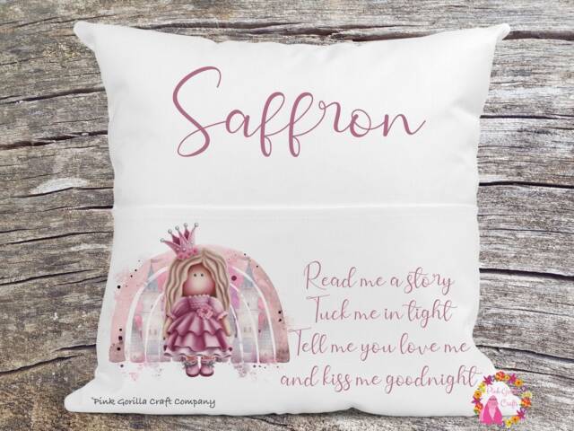 Personalised Cushion, Pocket Child Pillow, Book Holder, Pillow For Child, Sleep Aid, Princess Rainbow - image 1
