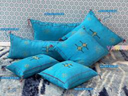 Yakiti-Blue Pack Moroccan Pillows, Aka Cactus Silk Pillow, Decorative Pillows, Sabra Pillows, Moroccan Decor Designer Cactus