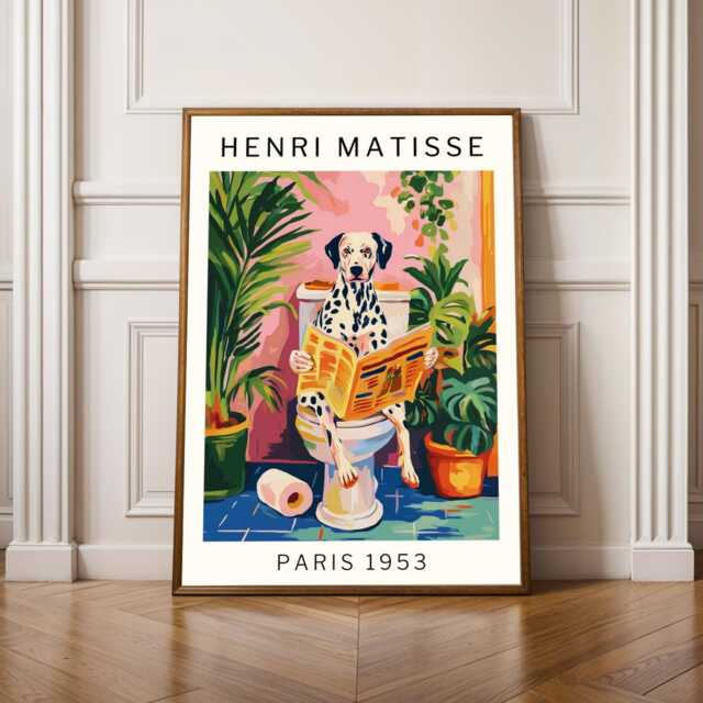 Quirky Dog Bathroom Wall Poster Dalmatian Art Print Inspired By Matisse Funny Guest Mailed Gift For Lovers, Physical Print - image 1