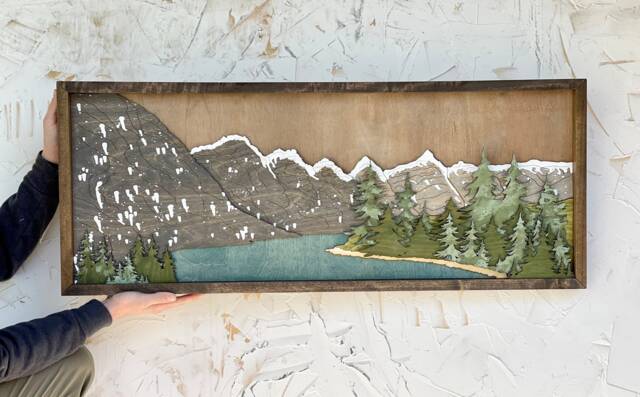 Lake Moraine Wood Art 3D Mountain Landscape Wall Decor - image 1