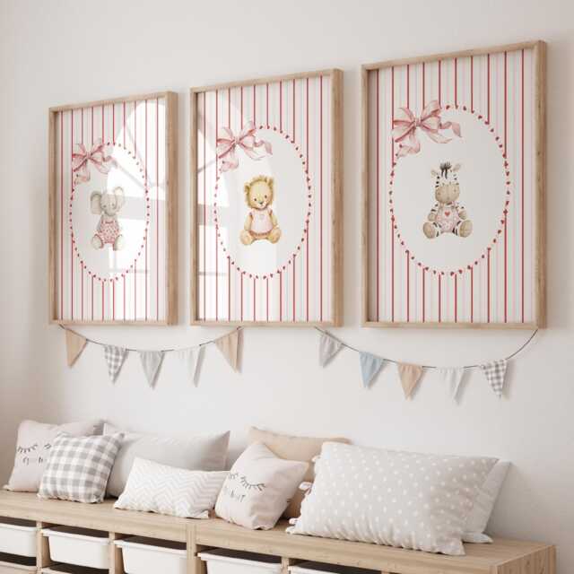 Pink Baby Animal Nursery Wall Art Set Of 3, Safari Prints, Elephant Lion Zebra Decor, Beige Girl Room - image 1