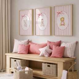 Pink Baby Animal Nursery Wall Art Set Of 3, Safari Prints, Elephant Lion Zebra Decor, Beige Girl Room - thumbnail 3
