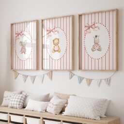 Pink Baby Animal Nursery Wall Art Set Of 3, Safari Prints, Elephant Lion Zebra Decor, Beige Girl Room - thumbnail 1