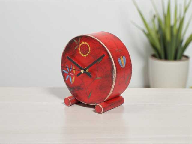 Wooden Desk Clock Silent Folk Art Red Floral Table - image 1
