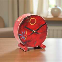 Wooden Desk Clock Silent Folk Art Red Floral Table - thumbnail 2