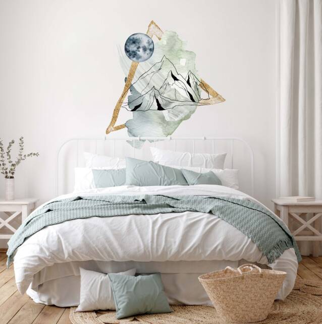 Wall Decal - Abstract Triangle Wall Decal Green Blue Watercolour Boho Mountain Moon Landscape Modern Art Sticker By Dizzy Duck - image 1