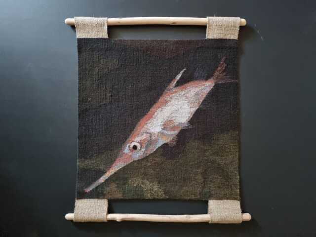 Handwoven Fish Tapestry Linen & Wool Textile Art With Natural Wood - image 1