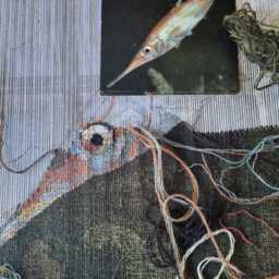 Handwoven Fish Tapestry Linen & Wool Textile Art With Natural Wood - thumbnail 2