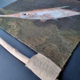 Handwoven Fish Tapestry Linen & Wool Textile Art With Natural Wood - thumbnail 3