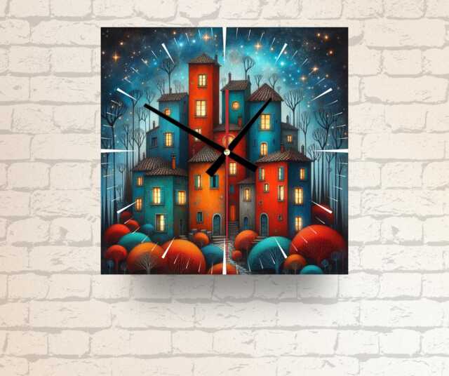 Whimsical Night Village Glass Clock Illustrated Home Decor - 20cm Or 30cm Square Clock - image 1