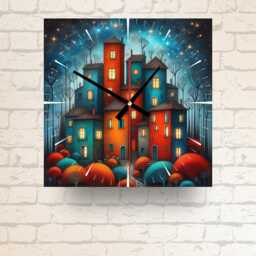 Whimsical Night Village Glass Clock Illustrated Home Decor - 20cm Or 30cm Square Clock - thumbnail 4