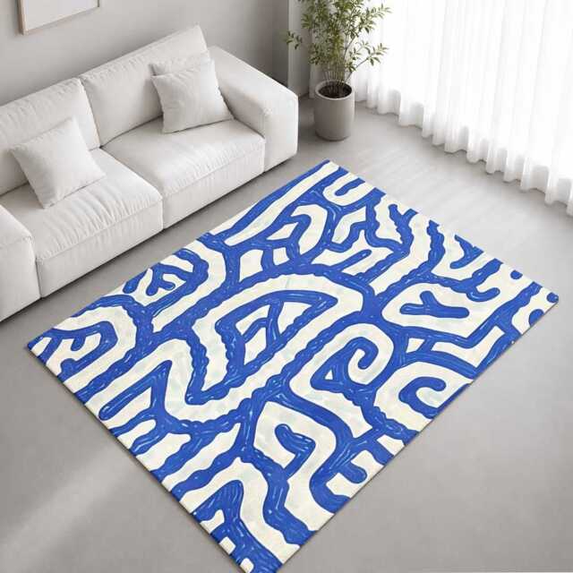 Blue White Linear Abstract Pattern Rug Non-Slip Soft Area Carpet Bedroom Living Room Hallway Mat Decor - Made in UK - image 1