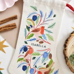 Personalised Robin Christmas Stocking, Gift, Santa Sack, Keepsake First Christmas, Eve Box, Linen Mum - thumbnail 2
