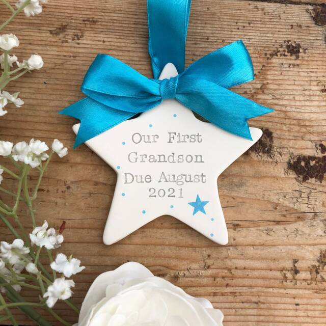 Personalised Pregnancy Announcement Hand Stamped Ceramic Star, New Grandchild Gift, Grandparents To Be Ornament Plaque - image 1