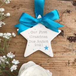 Personalised Pregnancy Announcement Hand Stamped Ceramic Star, New Grandchild Gift, Grandparents To Be Ornament Plaque - thumbnail 1