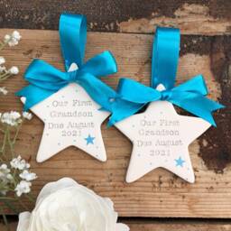Personalised Pregnancy Announcement Hand Stamped Ceramic Star, New Grandchild Gift, Grandparents To Be Ornament Plaque - thumbnail 2