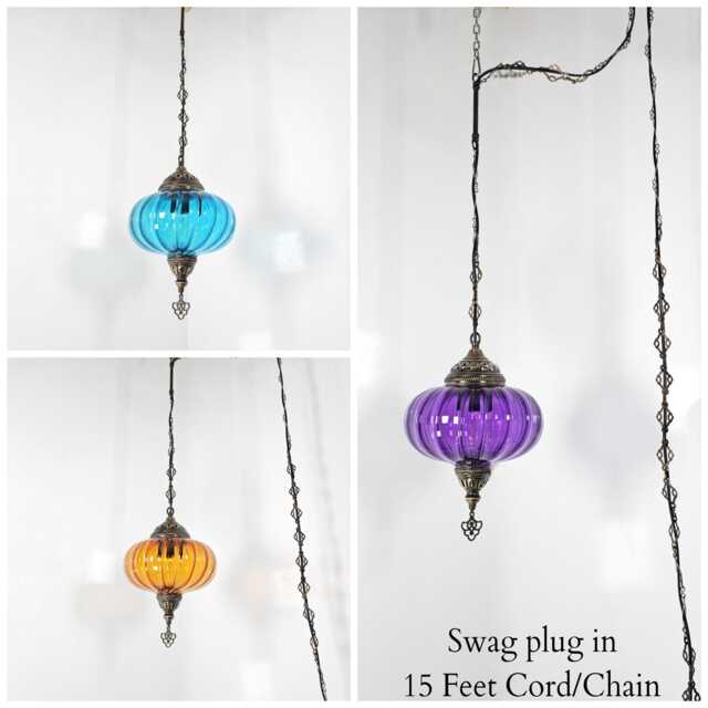 x - Large 25cm, 3 Colours Turkish Ribbed Glass Hanging Pendant Lamp For Bedroom, Kitchen, Restaurant, Bar, Swag Plug in 15 Feet Cord/Chain - image 1