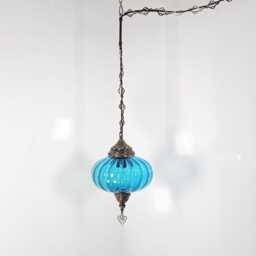 x - Large 25cm, 3 Colours Turkish Ribbed Glass Hanging Pendant Lamp For Bedroom, Kitchen, Restaurant, Bar, Swag Plug in 15 Feet Cord/Chain - thumbnail 2