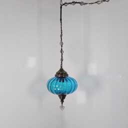 x - Large 25cm, 3 Colours Turkish Ribbed Glass Hanging Pendant Lamp For Bedroom, Kitchen, Restaurant, Bar, Swag Plug in 15 Feet Cord/Chain - thumbnail 3