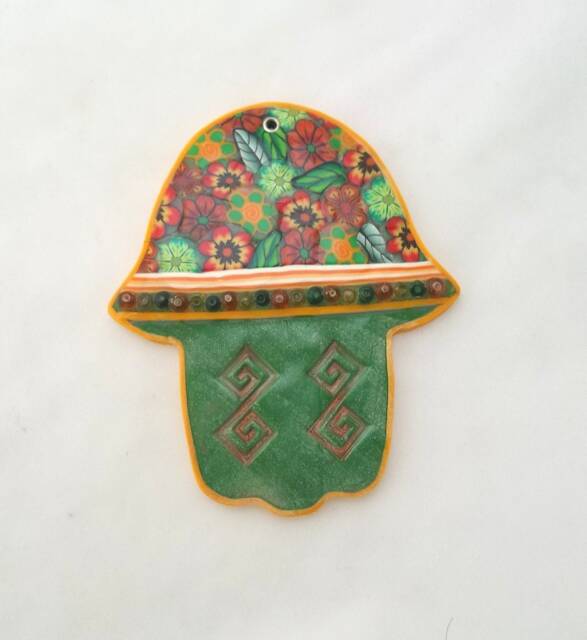 Hamsa Polymer Clay Wall Art, Green Nursery Decor, Kids Room Hanging, Home Blessing, Spiritual Gift - image 1