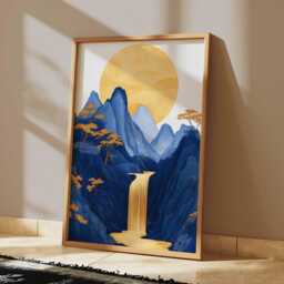 Blue & Gold Waterfall Poster, Japanese Landscape Wall Art, Modern Nature Print - thumbnail 2