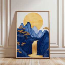 Blue & Gold Waterfall Poster, Japanese Landscape Wall Art, Modern Nature Print - thumbnail 1