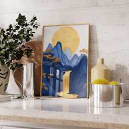 Blue & Gold Waterfall Poster, Japanese Landscape Wall Art, Modern Nature Print - thumbnail 3