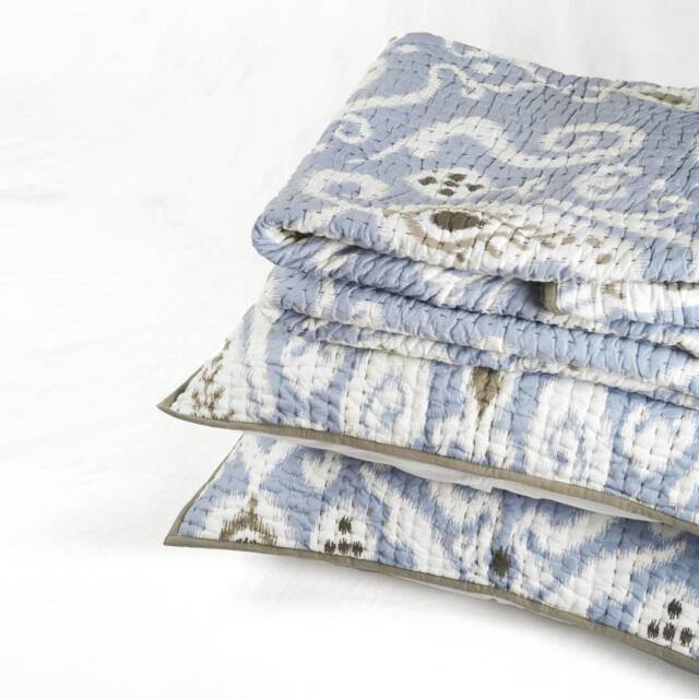 Blue Ikat Print Kantha Quilted Bed Set - Stripe Pattern Quilting, Sizes Available - image 1
