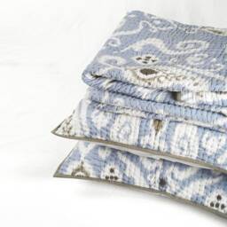 Blue Ikat Print Kantha Quilted Bed Set - Stripe Pattern Quilting, Sizes Available