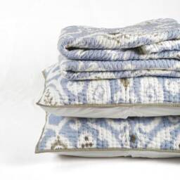 Blue Ikat Print Kantha Quilted Bed Set - Stripe Pattern Quilting, Sizes Available - thumbnail 2