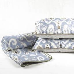 Blue Ikat Print Kantha Quilted Bed Set - Stripe Pattern Quilting, Sizes Available - thumbnail 3