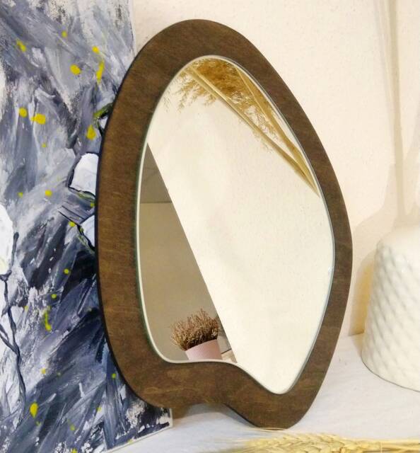 Small Wavy Mirror, Oval Wiggly Funky Wiggle Curvy Irregular Decorative Mirror Wall Decor, Wood Asymmetrical - image 1