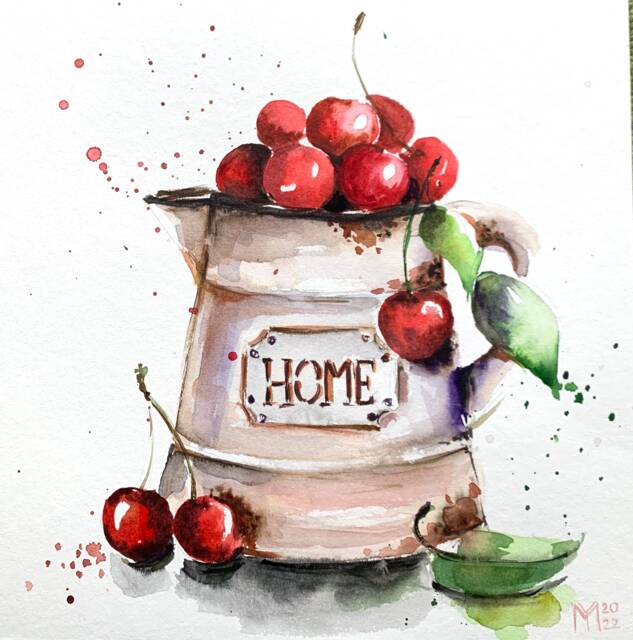 Cherries Original Painting Wall Art Home Decor Hauseearming Gift - image 1