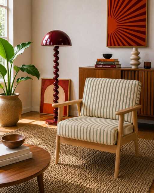 Upholstered Midcentury Modern Armchair - Cotton Striped Green Pattern - image 1