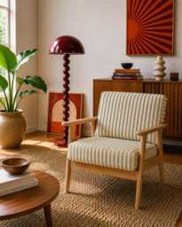 Upholstered Midcentury Modern Armchair - Cotton Striped Green Pattern - thumbnail 1