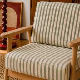 Upholstered Midcentury Modern Armchair - Cotton Striped Green Pattern - thumbnail 2