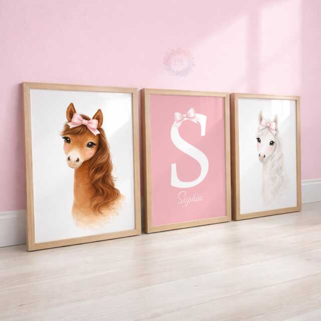 Girls Nursery Horse Print Set - Personalised Pink Bow Prints, Girl Bedroom Wall Art Decor - image 1