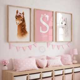 Girls Nursery Horse Print Set - Personalised Pink Bow Prints, Girl Bedroom Wall Art Decor - thumbnail 2