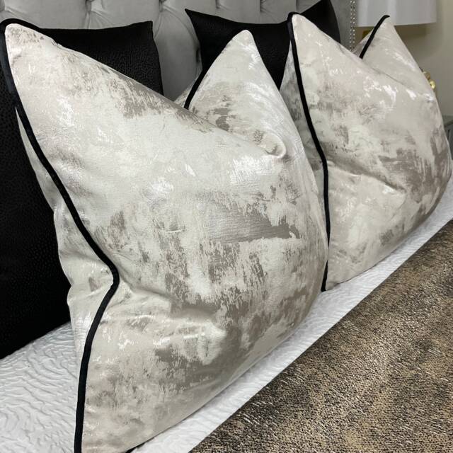 Pillow Cover, Champagne Cushion Designer Cover Clarke & Tessere Fabric, Black Piped - Metallic Natural - image 1