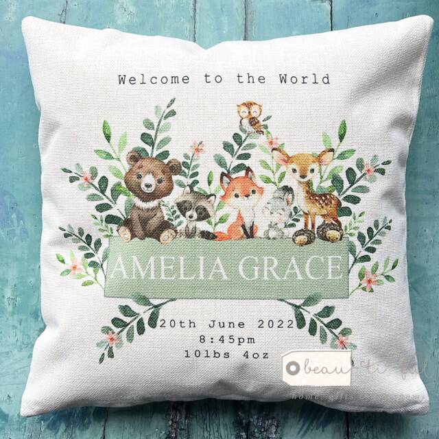 Personalised New Baby Girl Gift Woodland Animals Design Home Quote Linen Style Cushion Cover - Newborn Birth Niece Goddaughter