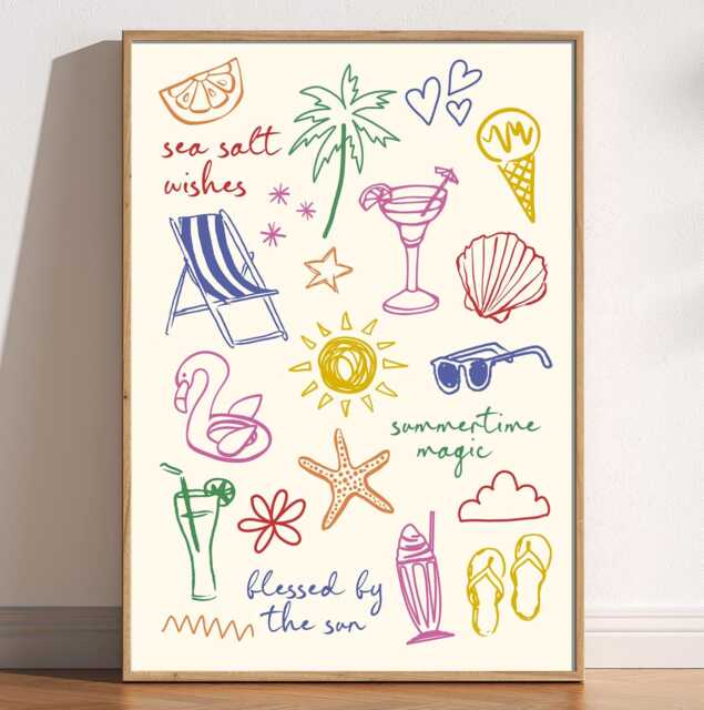 Summer Doodles Print Retro Colorful Illustration, Tropical Art - image 1
