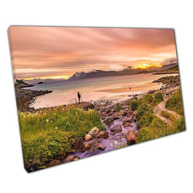 Golden Sunset Seascape Canvas Print For Home Office Decor Tranquil Lofoten Islands Norway Scene - image 1