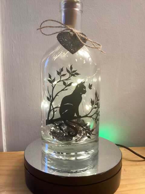 Personalised Cat Sitting in A Tree Sillouette Light Up Bottle, Bottle Lamp With Gift Messaging Service & Bag - image 1